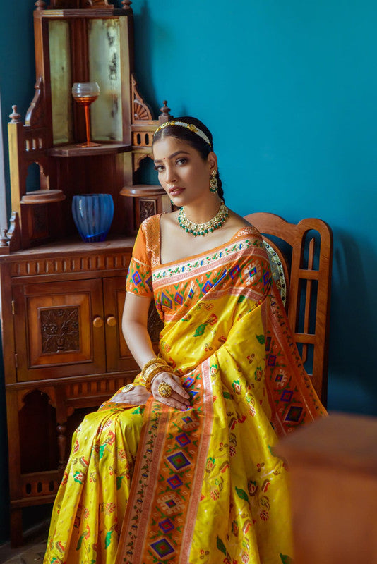 Yellow & Multi Coloured Banarasi Silk Paithani Patola Meenakari Work Women Ethnic wear Soft Silk Saree with Contrast Brocade Blouse!!