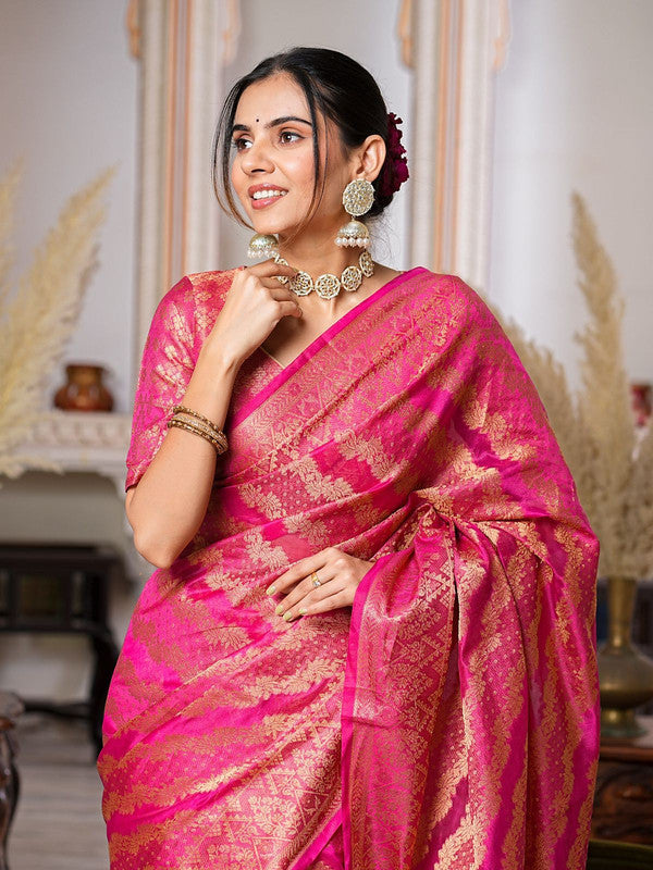 Dark Pink Coloured with Rich Pallu Dual Tone Tassels, Zari & Sequence Work Women Ethnic/Festival wear Organza Silk Saree with Brocade Blouse!!