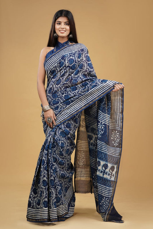 Navy Blue & Multi Coloured Chanderi Silk with Hand Block Printed Women Party/Traditional Wear Chanderi Silk Saree with Blouse!!