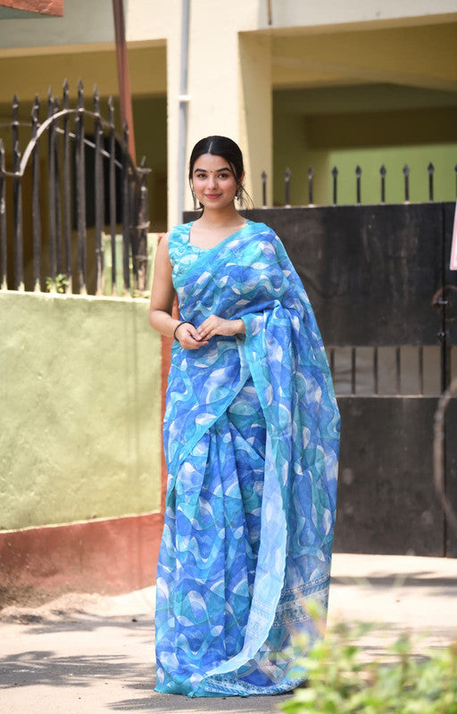 Blue & White Coloured Heavy Linen with Beautiful Digital Print Women Party/Casual wear Cotton Saree with Running Blouse!!