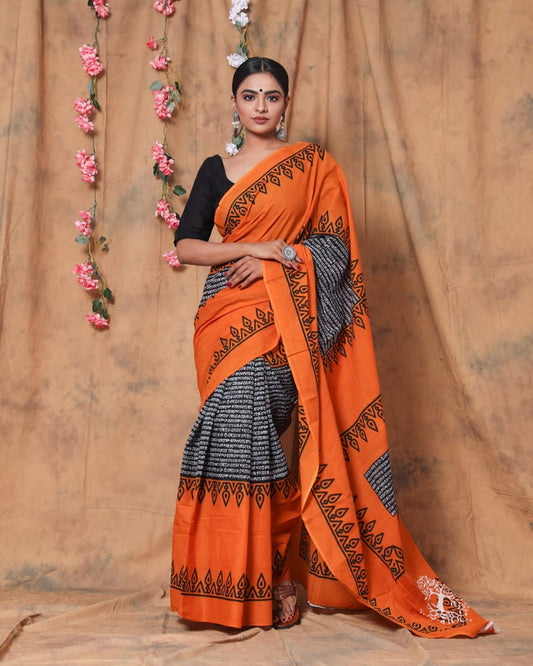 Orange & Multi Coloured Pure Mul Cotton with Beautiful Hand Print Women Party/Casual wear Mul Cotton Saree with Runing Blouse!!