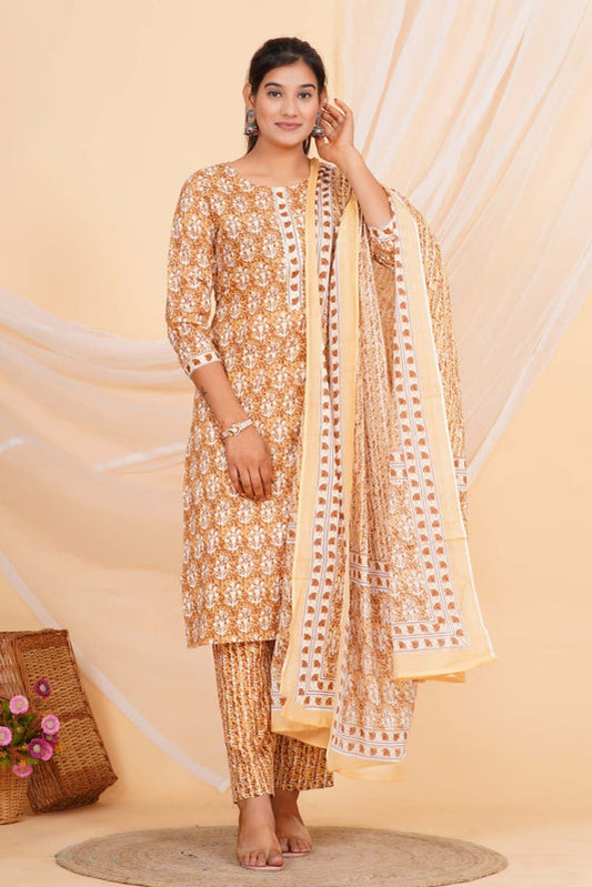 Beige & Multi Coloured Pure Cotton with Beautiful Hand Print Woman Party/Casual wear Designer Stitched Suit with Salwar & Mul Cotton Dupatta!!