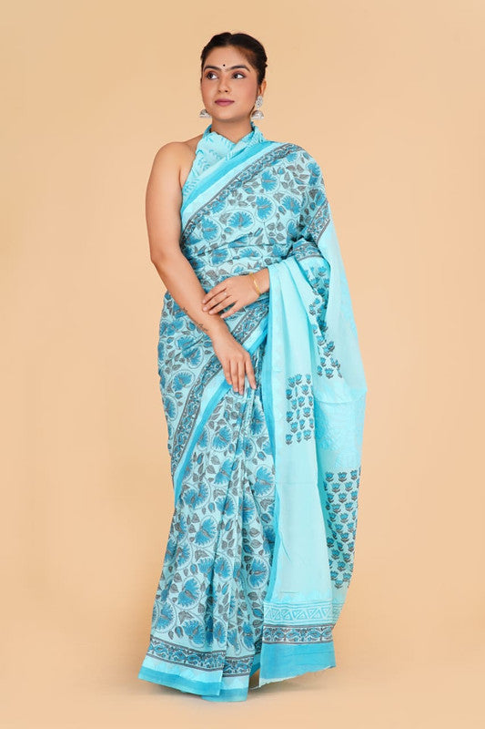 Aqua Blue & Multi Coloured Pure Cotton with Beautiful Applique Hand Cut Work Women Party/Casual wear Hand Block Printed Cotton Saree with Blouse!!