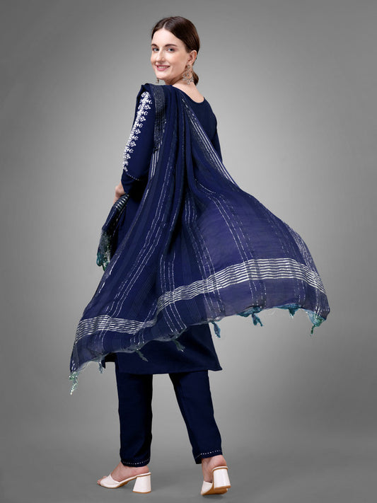 Navy Blue Coloured Cotton Blend with Sequence Embroidery work Women Designer Party wear Kurta with Pant & Silk Blend Dupatta!!