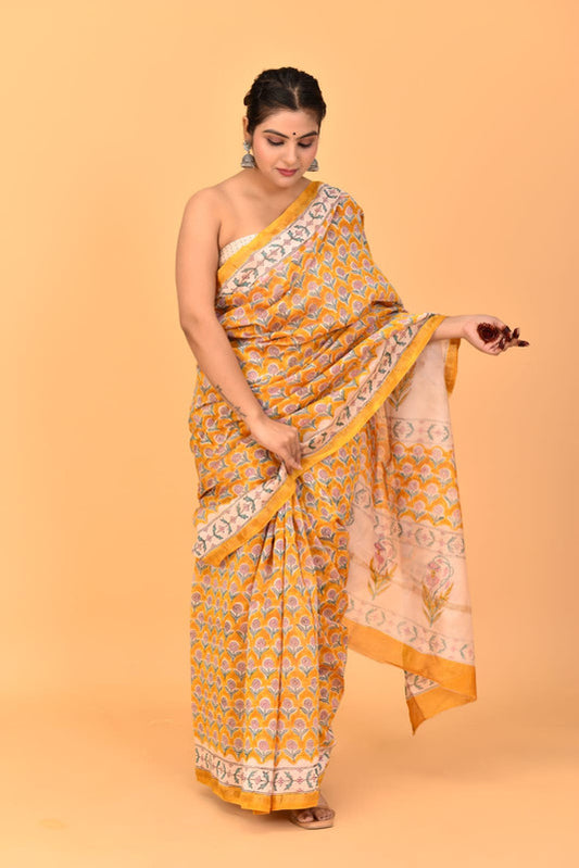 Lemon Yellow & Multi Coloured Chanderi Silk with Hand Block Printed Women Party/Traditional Wear Chanderi Silk Saree with Blouse!!