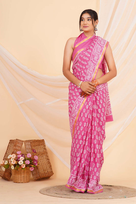 Rani Pink with White Coloured Pure Cotton with Hand Block Printed Women Party/Casual/Office Wear Cotton Saree with Blouse!!