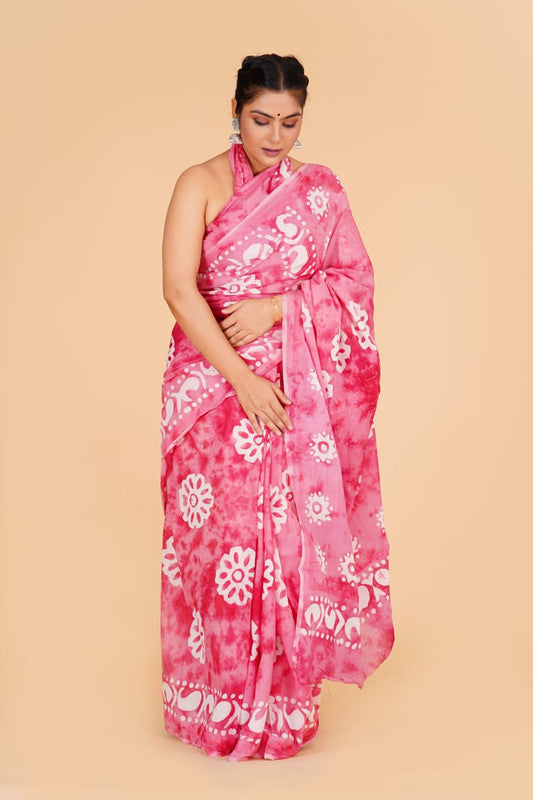 Pink with White Coloured Pure Cotton with Beautiful Applique Hand Cut Work Women Party/Casual wear Hand Block Printed Cotton Saree with Blouse!!