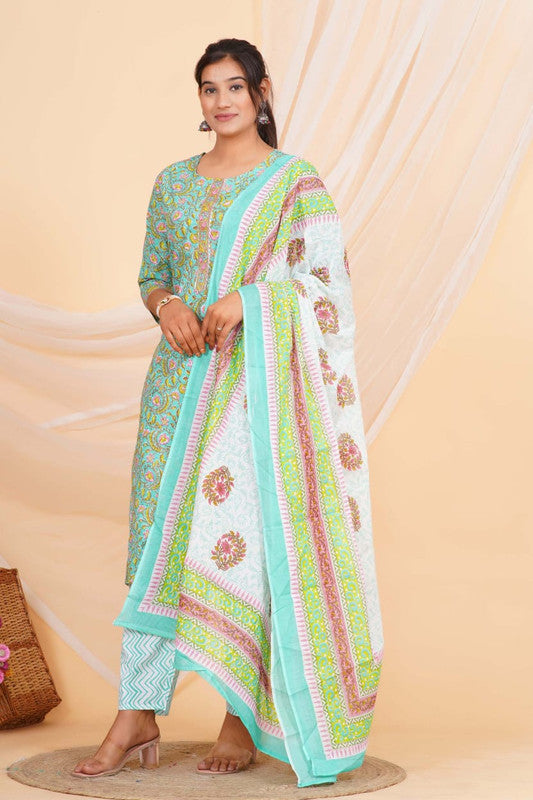 Aqua Blue & Multi Coloured Pure Cotton with Beautiful Hand Print Woman Party/Casual wear Designer Stitched Suit with Salwar & Mul Cotton Dupatta!!