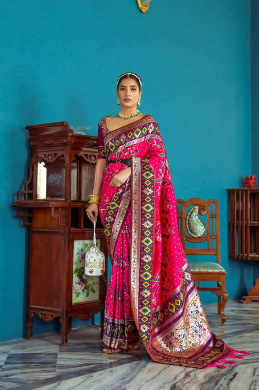 Dark Pink with Brown & Multi Coloured Banarasi Silk Paithani Patola Meenakari Work Women Ethnic wear Soft Silk Saree with Contrast Brocade Blouse!!