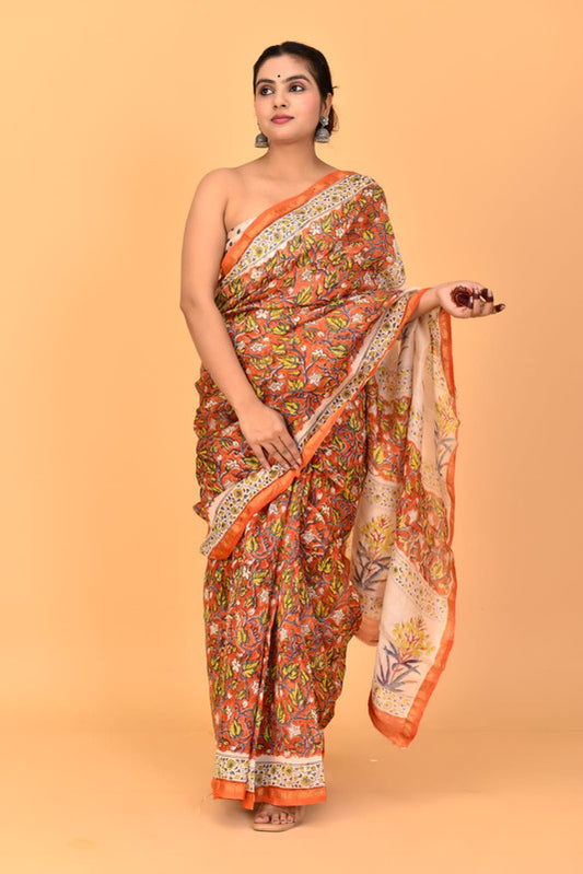 Peach & Multi Coloured Chanderi Silk with Hand Block Printed Women Party/Traditional Wear Chanderi Silk Saree with Blouse!!