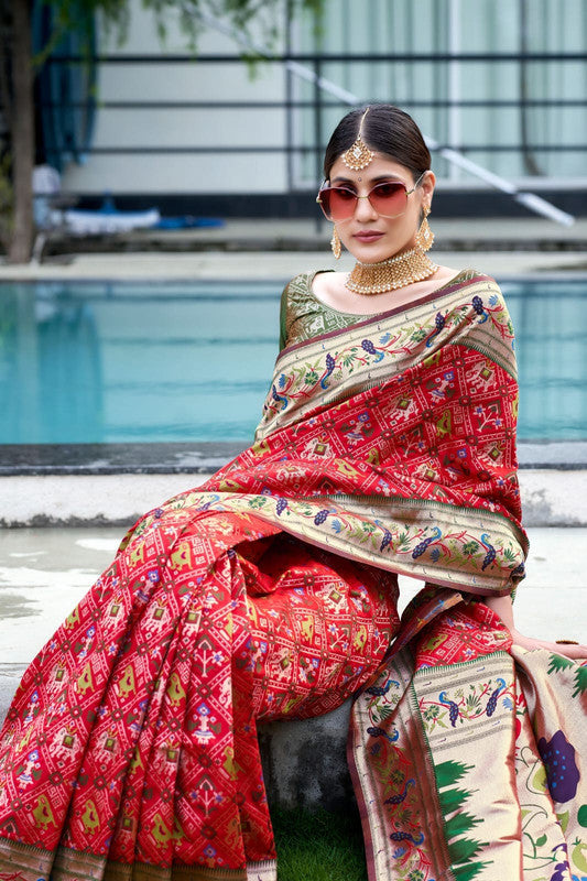 Red & Multi Coloured Meena & Zari weaves with Paithani work Women Ethnic wear Banarasi Soft Silk Patola Saree with Contrast Brocade Blouse!!
