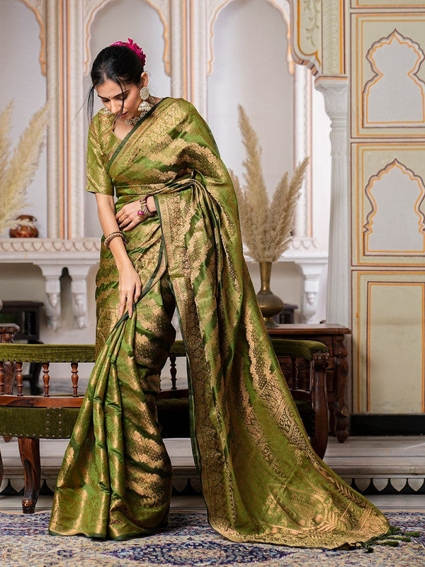 Parrot Green Coloured with Rich Pallu Dual Tone Tassels, Zari & Sequence Work Women Ethnic/Festival wear Organza Silk Saree with Brocade Blouse!!