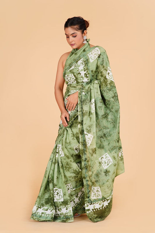 Pista Green with White Coloured Pure Cotton with Beautiful Applique Hand Cut Work Women Party/Casual wear Hand Block Printed Cotton Saree with Blouse!!