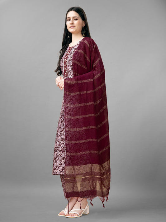 Maroon Coloured Rayon with Print & Embroidery Lace work Women Designer Party wear Kurta with Pant & Silk Blend Dupatta!!