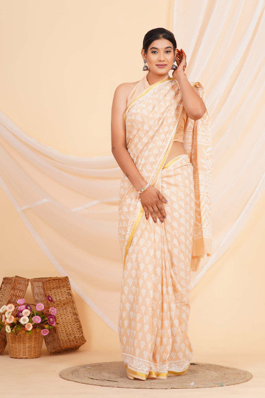 Cream with White Coloured Pure Cotton with Hand Block Printed Women Party/Casual/Office Wear Cotton Saree with Blouse!!