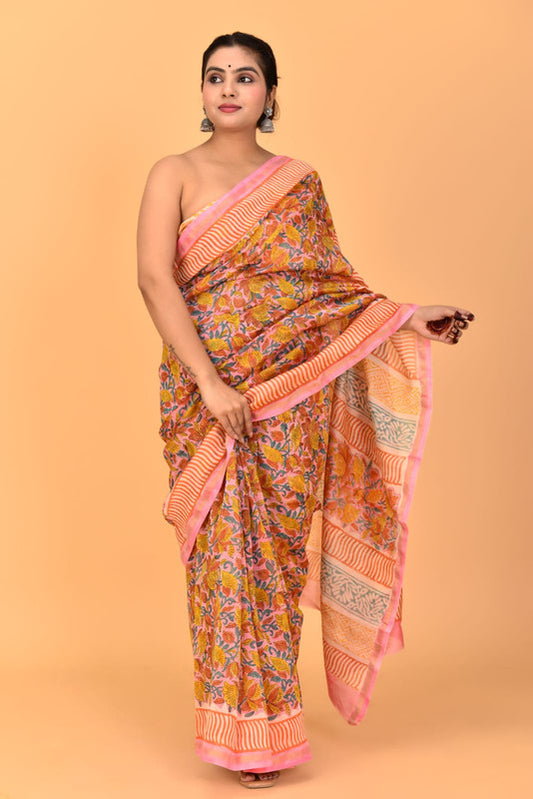 Orange & Multi Coloured Chanderi Silk with Hand Block Printed Women Party/Traditional Wear Chanderi Silk Saree with Blouse!!