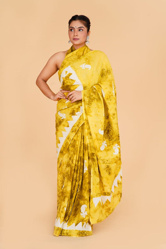 Mustard Yellow with White Coloured Pure Cotton with Beautiful Applique Hand Cut Work Women Party/Casual wear Hand Block Printed Cotton Saree with Blouse!!