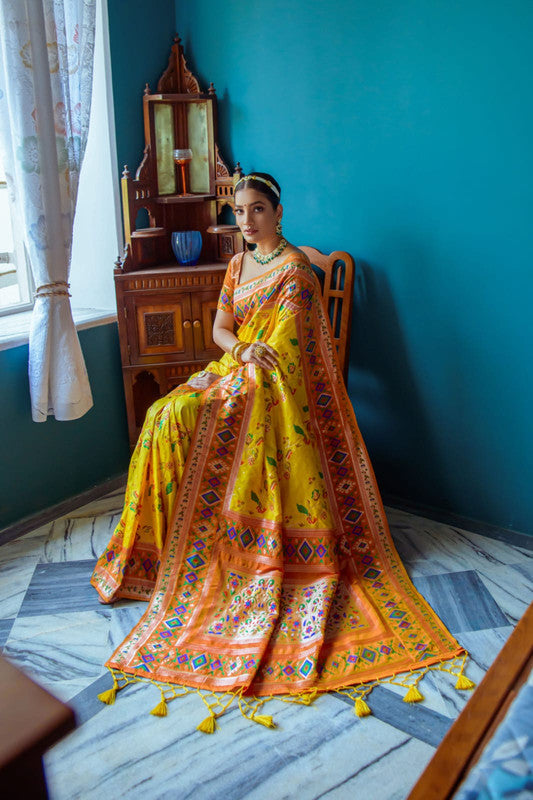 Yellow & Multi Coloured Banarasi Silk Paithani Patola Meenakari Work Women Ethnic wear Soft Silk Saree with Contrast Brocade Blouse!!