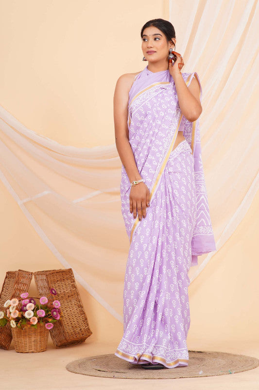 Light Purple with White Coloured Pure Cotton with Hand Block Printed Women Party/Casual/Office Wear Cotton Saree with Blouse!!