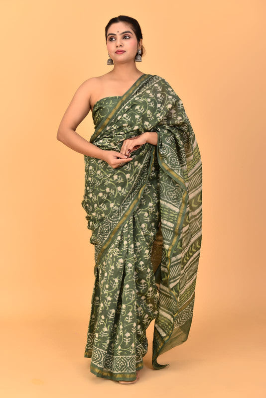 Green & Multi Coloured Chanderi Silk with Hand Block Printed Women Party/Traditional Wear Chanderi Silk Saree with Blouse!!