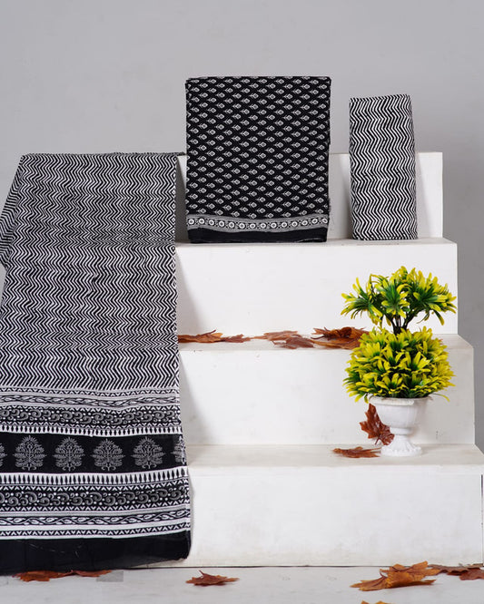 Black & White Coloured Pure Cotton with Hand block Printed Women Party/Casual wear Dress Material Suit- Top with Bottom & Mul Cotton Dupatta!!