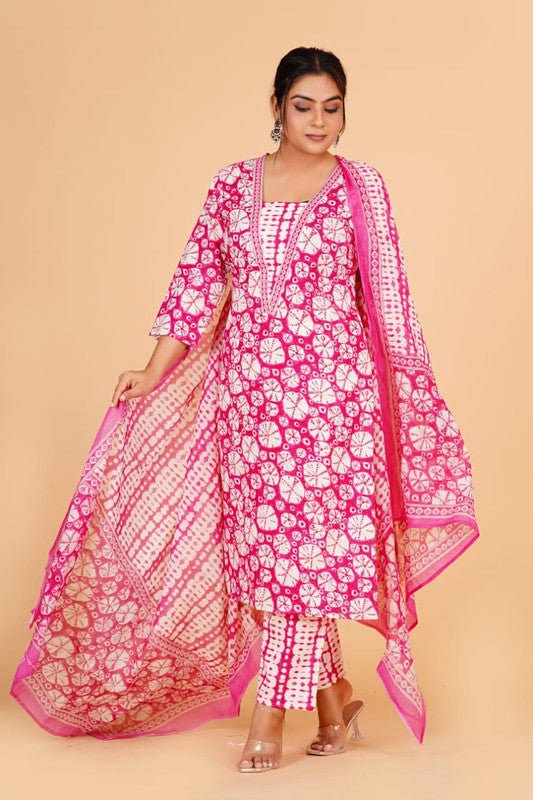 Pink with White Coloured Pure Cotton with Beautiful Hand Print Woman Party/Casual wear Designer Stitched Suit with Salwar & Dupatta!!