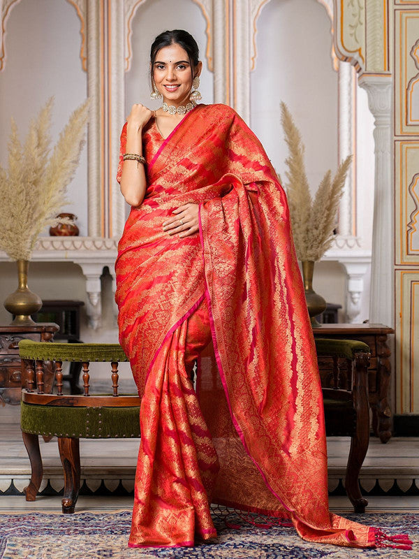 Red Coloured with Rich Pallu Dual Tone Tassels, Zari & Sequence Work Women Ethnic/Festival wear Organza Silk Saree with Brocade Blouse!!