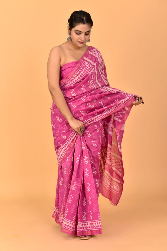 Pink & Multi Coloured Chanderi Cotton Silk with Hand Block Printed Women Party/Traditional Wear Chanderi Cotton Silk Saree with Blouse!!