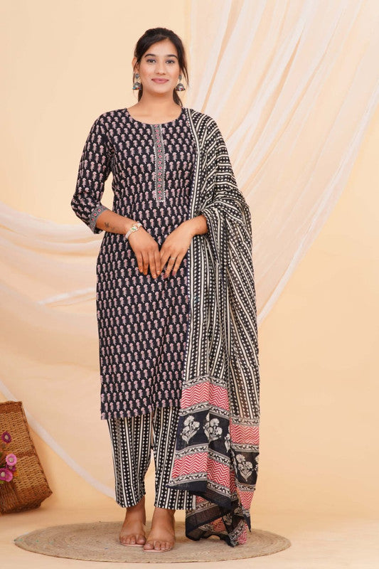 Black & Multi Coloured Pure Cotton with Beautiful Hand Print Woman Party/Casual wear Designer Stitched Suit with Salwar & Mul Cotton Dupatta!!