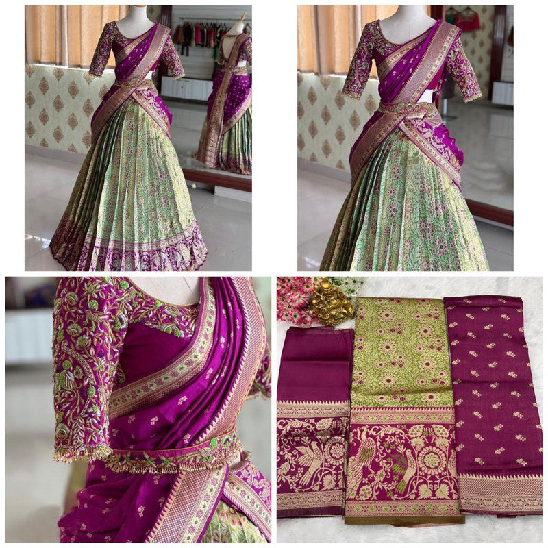 Mehendi Green & Dark Pink Coloured Kanjivaram Pattu Silk with Zari Women Ethnic Party wear Lehenga choli ( Half Saree) & Banarasi Silk Dupatta!!