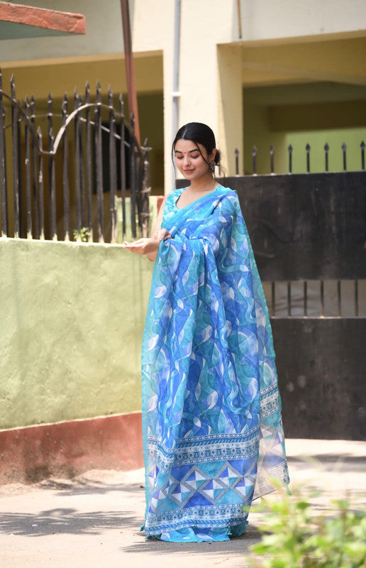 Blue & White Coloured Heavy Linen with Beautiful Digital Print Women Party/Casual wear Cotton Saree with Running Blouse!!