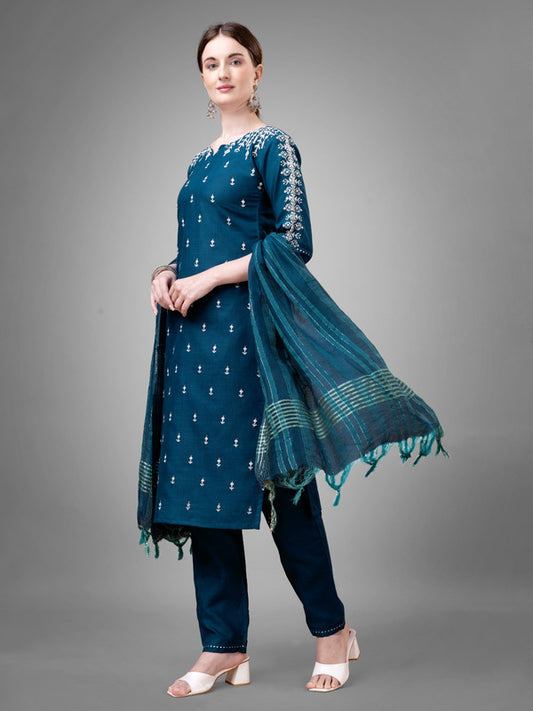 Teal Blue Coloured Cotton Blend with Sequence Embroidery work Women Designer Party wear Kurta with Pant & Silk Blend Dupatta!!