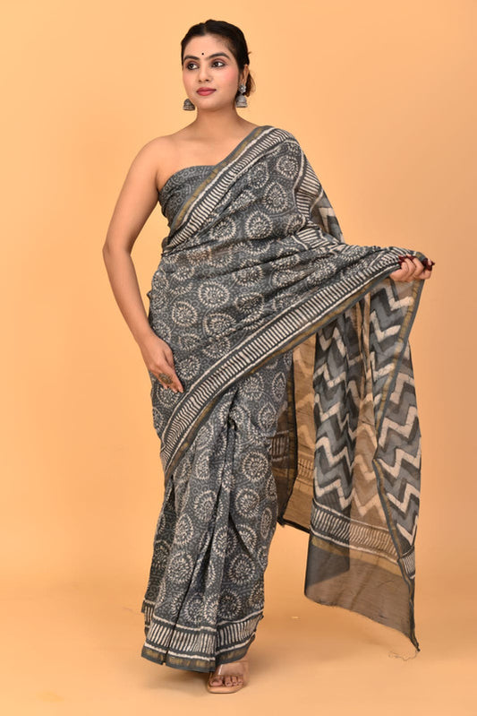 Grey & Multi Coloured Chanderi Cotton Silk with Hand Block Printed Women Party/Traditional Wear Chanderi Cotton Silk Saree with Blouse!!