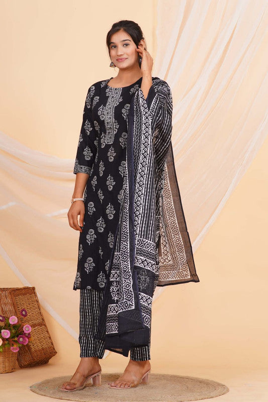 Black & Multi Coloured Pure Cotton with Beautiful Hand Print Woman Party/Casual wear Designer Stitched Suit with Salwar & Mul Cotton Dupatta!!