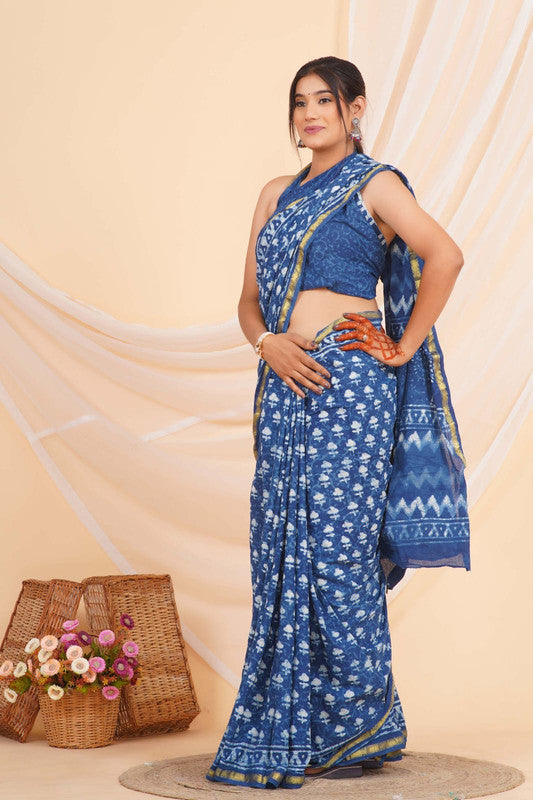 Blue with White Coloured Pure Cotton with Hand Block Printed Women Party/Casual/Office Wear Cotton Saree with Blouse!!