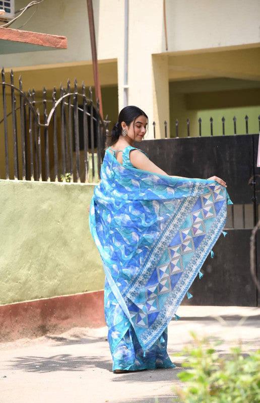 Blue & White Coloured Heavy Linen with Beautiful Digital Print Women Party/Casual wear Cotton Saree with Running Blouse!!