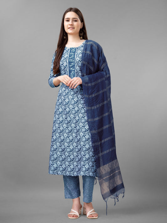 Light Blue Coloured Rayon with Print & Embroidery Lace work Women Designer Party wear Kurta with Pant & Silk Blend Dupatta!!
