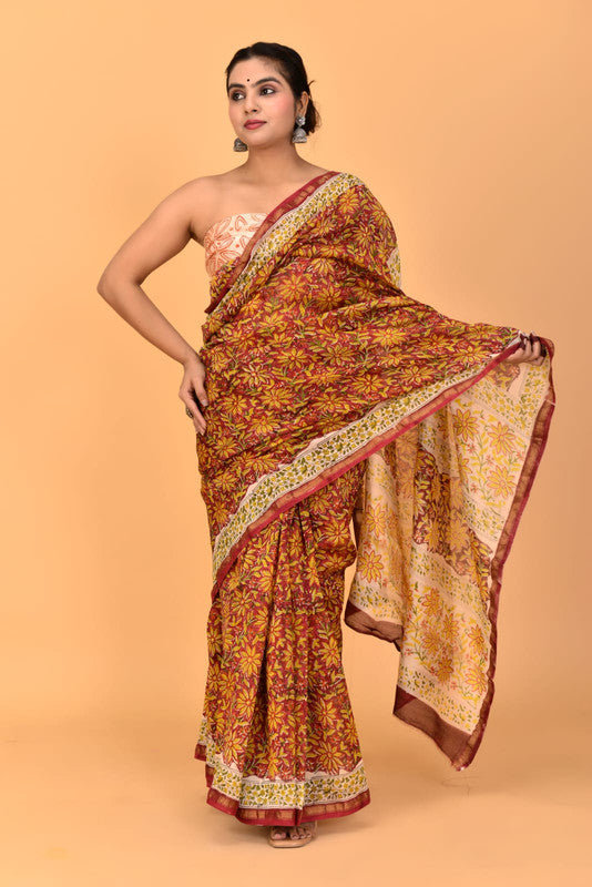 Maroon & Multi Coloured Chanderi Cotton Silk with Hand Block Printed Women Party/Traditional Wear Chanderi Cotton Silk Saree with Blouse!!