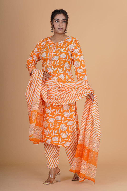 Orange with White Coloured Pure Cotton with Beautiful Hand Print Woman Party/Casual wear Designer Stitched Suit with Salwar & Dupatta!!