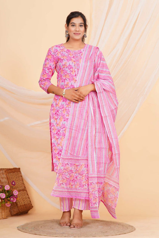 Light Pink & Multi Coloured Pure Cotton with Beautiful Hand Print Woman Party/Casual wear Designer Stitched Suit with Salwar & Mul Cotton Dupatta!!