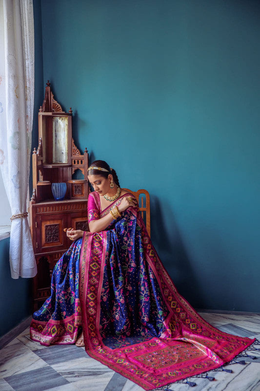 Blue with Pink & Multi Coloured Banarasi Silk Paithani Patola Meenakari Work Women Ethnic wear Soft Silk Saree with Contrast Brocade Blouse!!