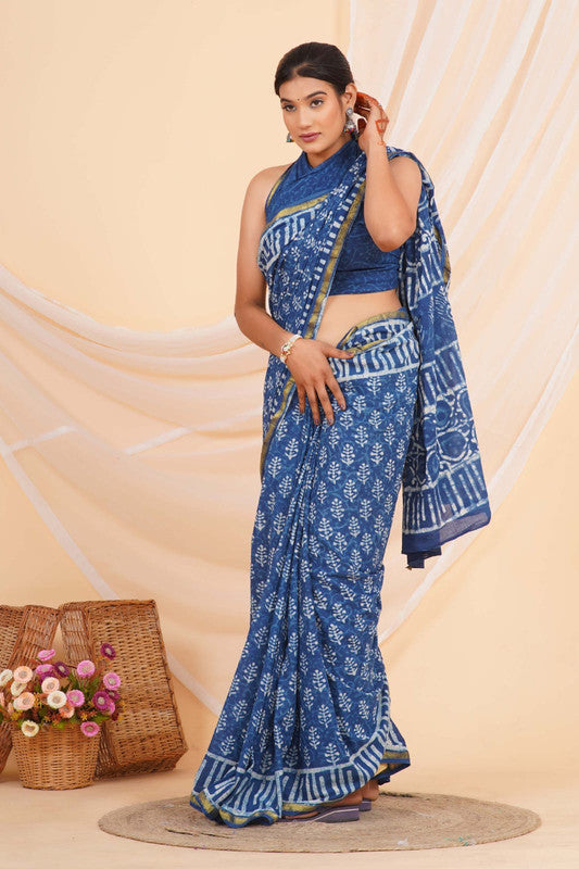 Blue with White Coloured Pure Cotton with Hand Block Printed Women Party/Casual/Office Wear Cotton Saree with Blouse!!