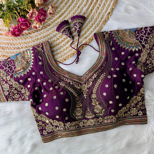 Wine Coloured Italian Silk with 3D Sequence & Unique Embroidery Work Woman Peacock Bridal Long Sleeves Designer Ready made Blouse - 40 Size Fits Up to 42 Inch!!