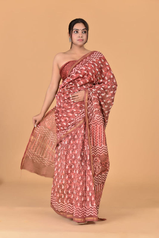 Pink & Multi Coloured Chanderi Silk with Hand Block Printed Women Party/Traditional Wear Chanderi Silk Saree with Blouse!!