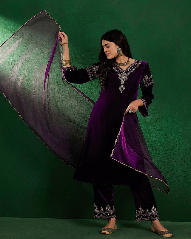 Purple Coloured Velvet Zari Sequence Embroidered Women Designer Party/Casual wear Kurta with Pant Style Palazzo & Dupatta Set!!