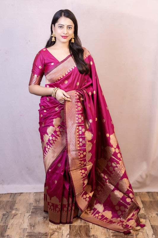 Rani Pink Coloured with Zari Woven Women Ethnic/Festival wear Banarasi Tree Design Soft Silk Saree with Zari Woven Blouse!!