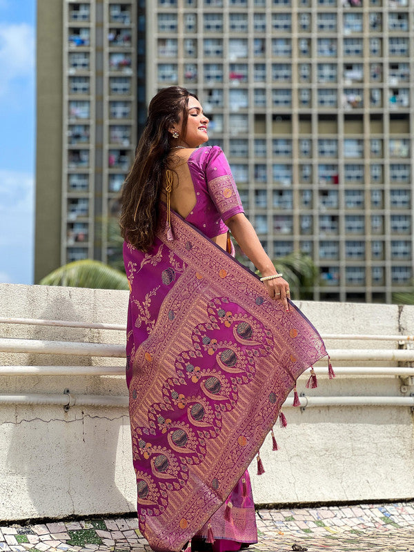 Dark Pink & Multi Coloured Soft Banarasi silk with Zari weaving Meenakari work & Rich pallu Women Party/Festival Wear Pure Soft Banarasi Silk Saree with Blouse!!