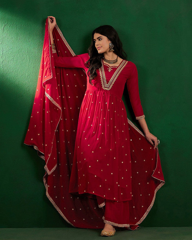 Red Coloured Georgette Zari Sequence Embroidered Women Designer Party/Casual wear Kurta with Palazzo & Dupatta Set!!