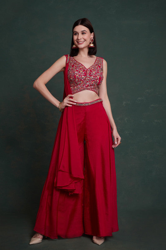 Red Coloured Real Chinon with Embroidery & Sequence Work Women Designer Party wear Top with Bottom & Dupatta!!