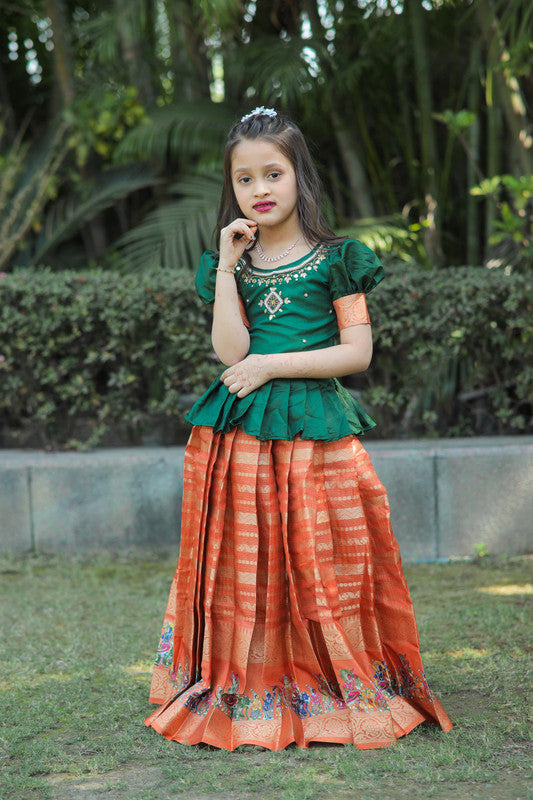 Green with Orange & Multi Coloured Kota Doria Silk with Digital Print & Zari Work Girls Kids Festival Beautiful Designer Ethnic Lahenga with Blouse!!